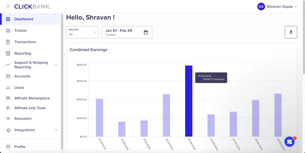Real ClickBank affiliate dashboard for Jan 01 – Feb 29 showing combined daily earnings on the account's Dashboard view